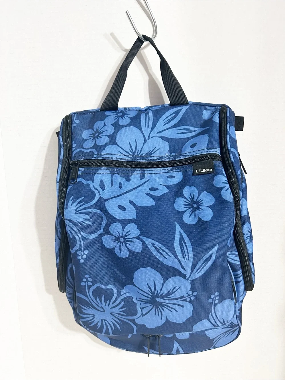 LL Bean Personal Organizer Hanging Travel Toiletry Bag Blue Floral Nylon Pockets